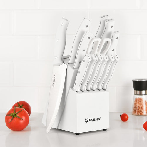 15-Piece Kitchen Knife Set with Wooden Block, Built-In Sharpener & Scissors – White