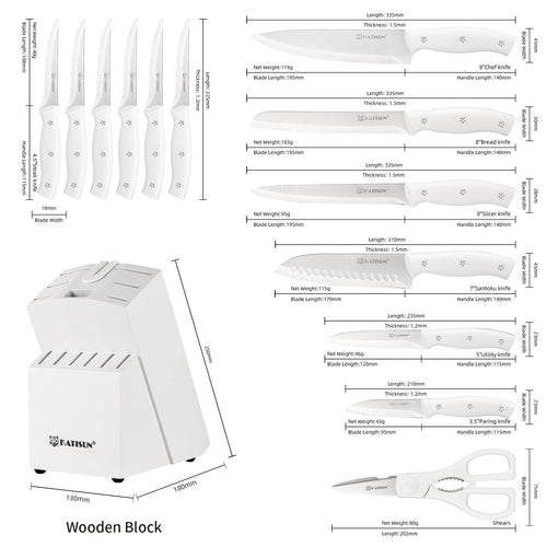15-Piece Kitchen Knife Set with Wooden Block, Built-In Sharpener & Scissors – White