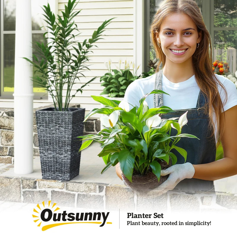 Set of 3 Tall Outdoor Planters | 24" Rattan-Style Tapered Plant Pots with Drainage – Gray