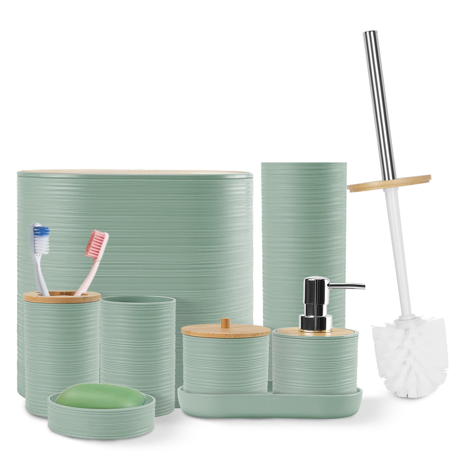 8-Piece Bathroom Accessories Set with Soap Dispenser, Toothbrush Holder, Trash Can & More – ABS & Bamboo