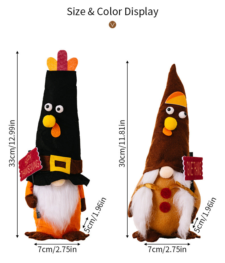 Two Thanksgiving-themed gnome decorations with measurements on a white background