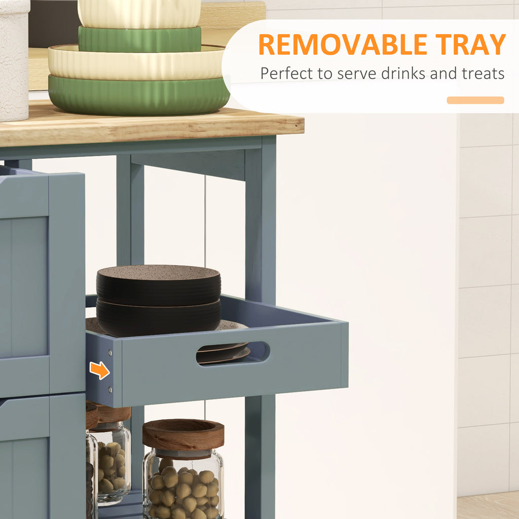 Kitchen cart with a removable tray for serving drinks and treats, featuring bowls and jars.