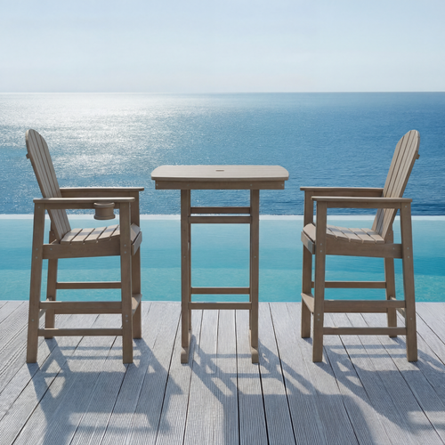 3-Piece Outdoor Bar-Height Bistro Set | HDPE High Top Table & 2 Bar Chairs – Driftwood Reclaimed Barnwood