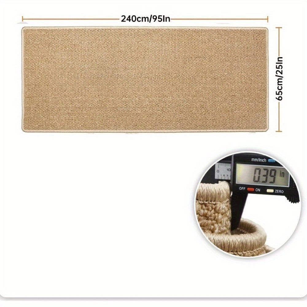 Beige carpet with measurements and a close-up of its thickness.