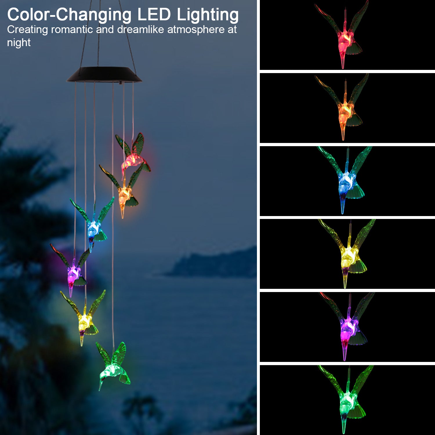Solar Hummingbird Wind Chime Light | Color-Changing LED, Auto On/Off, IP65 Waterproof – Garden Decor
