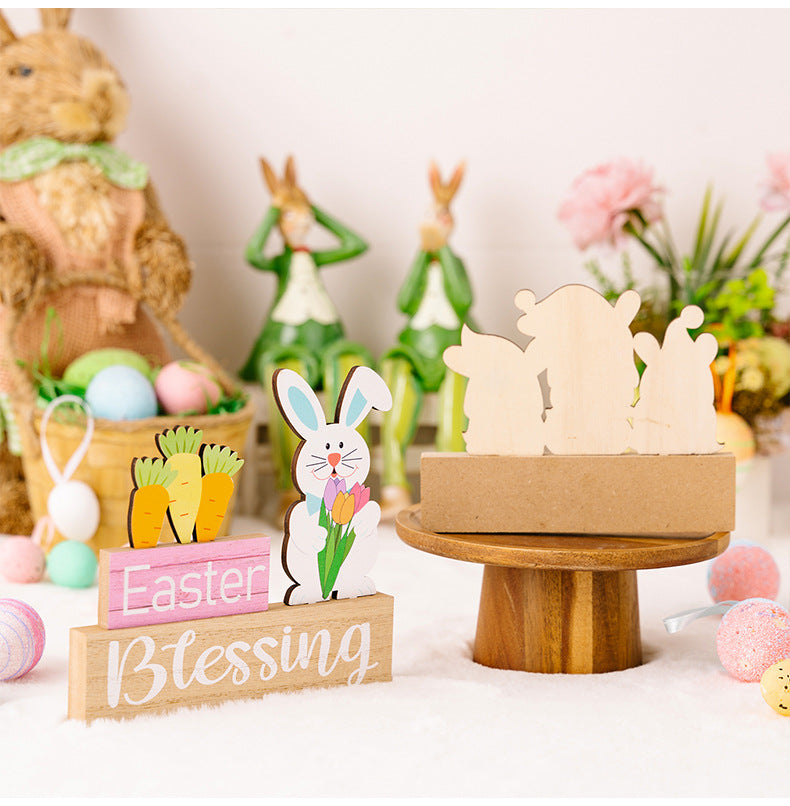 Easter-themed decorations including a rabbit figurine, 'Easter Blessing' sign, and wooden stand with a white rabbit cutout.