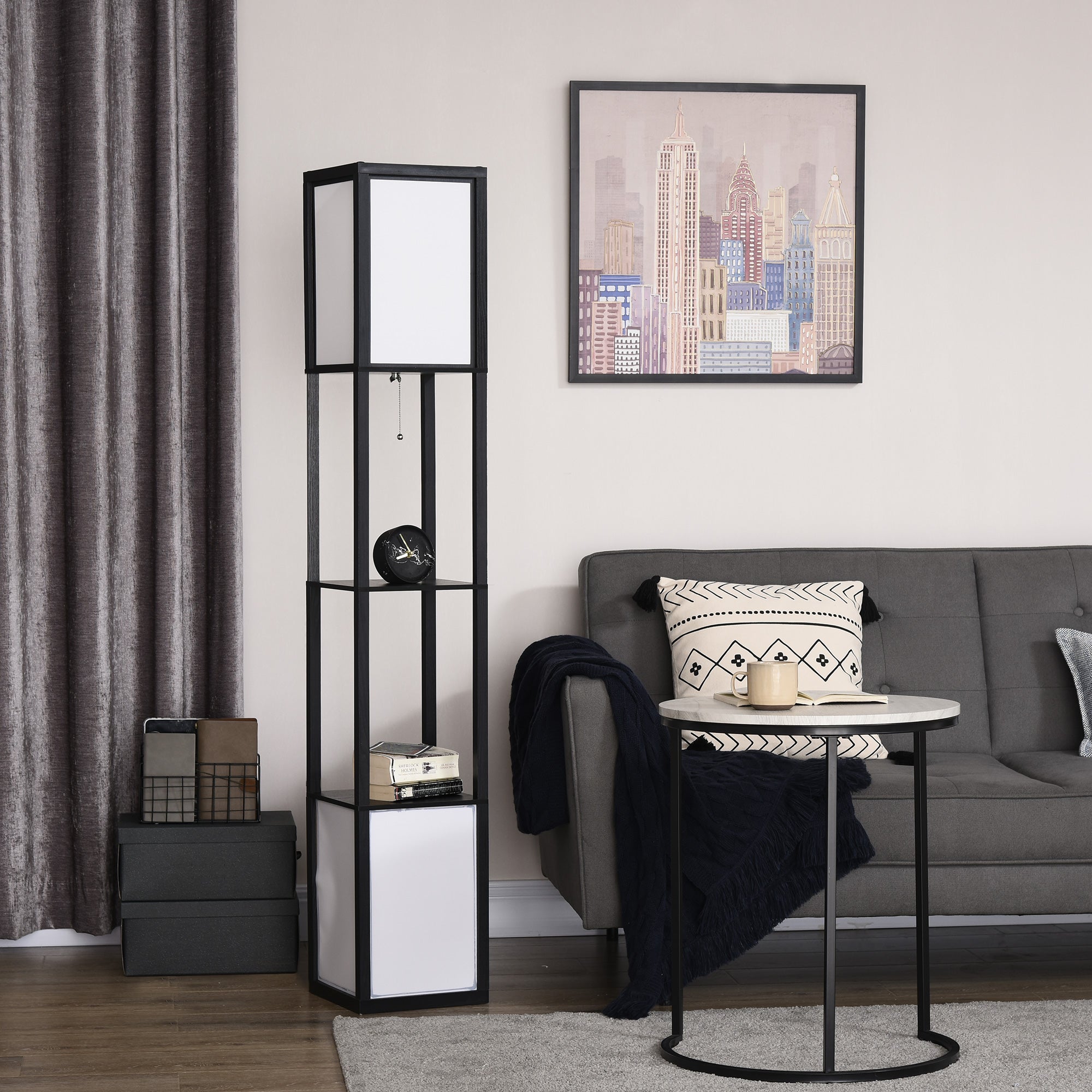 Modern living room with a floor lamp, side table, and sofa.