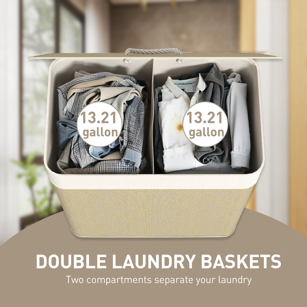 Double laundry basket with two compartments filled with clothes, labeled 13.21 gallon, on a neutral background.