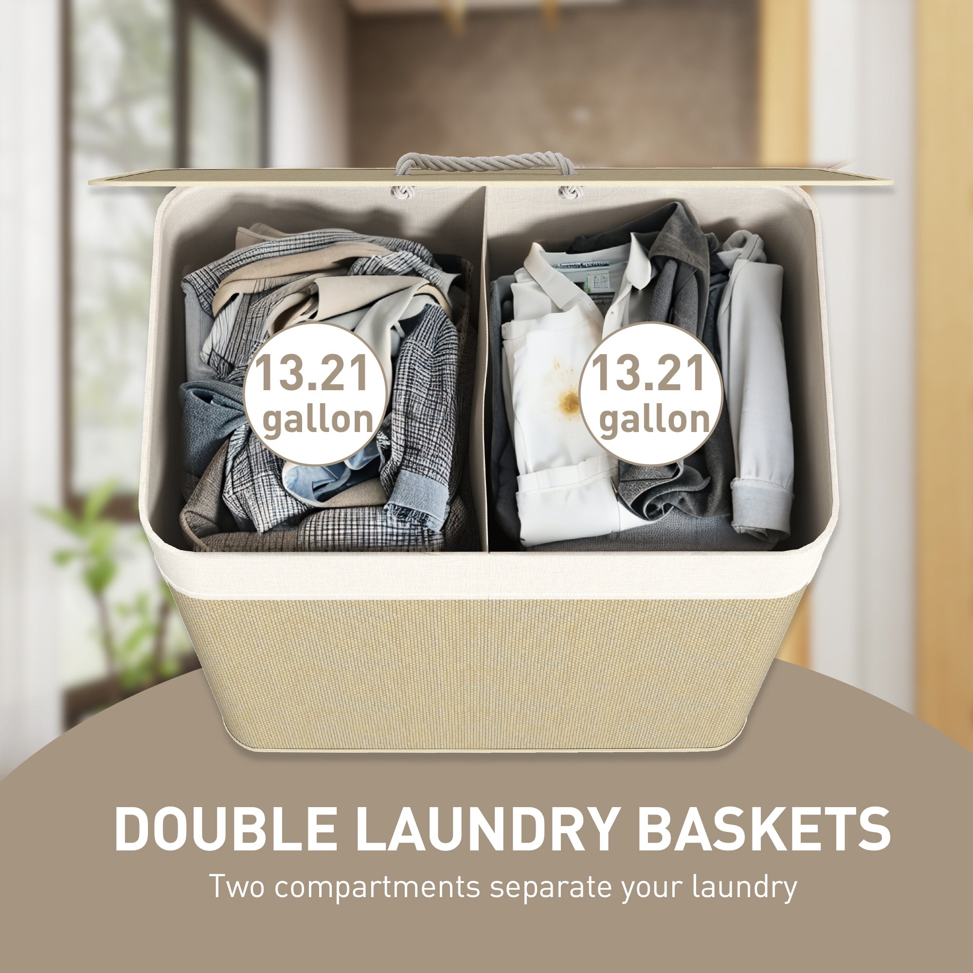 Double laundry basket with two compartments filled with clothes, labeled 13.21 gallon, on a neutral background.