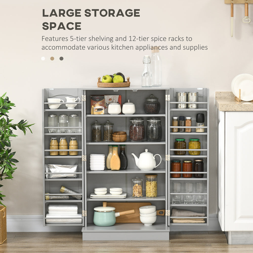 Large storage space with 5-tier shelving and 12-tier spice racks in a kitchen setting.