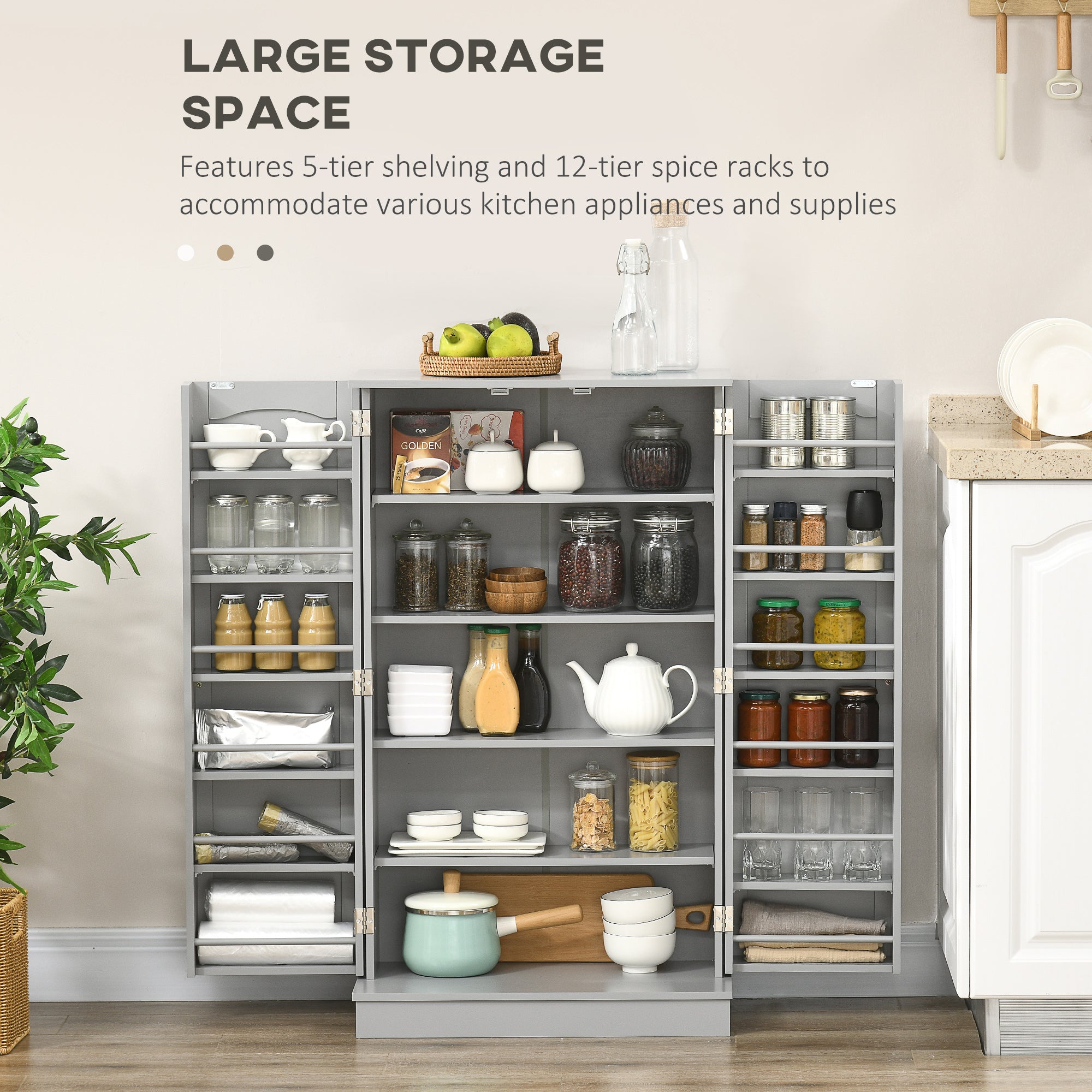 Large storage space with 5-tier shelving and 12-tier spice racks in a kitchen setting.