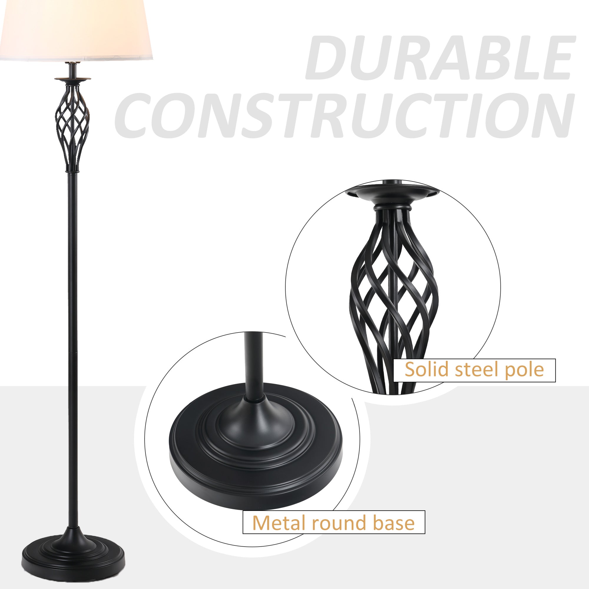 Black floor lamp with durable construction features highlighted on a white background