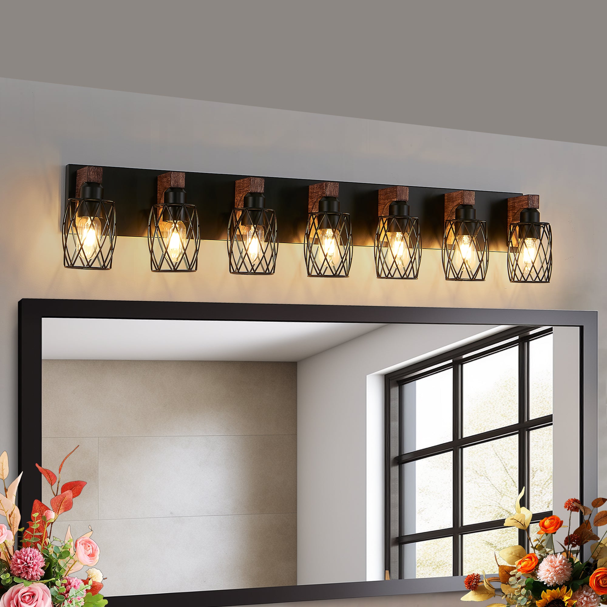 Modern wall-mounted mirror with decorative lights on a neutral wall.