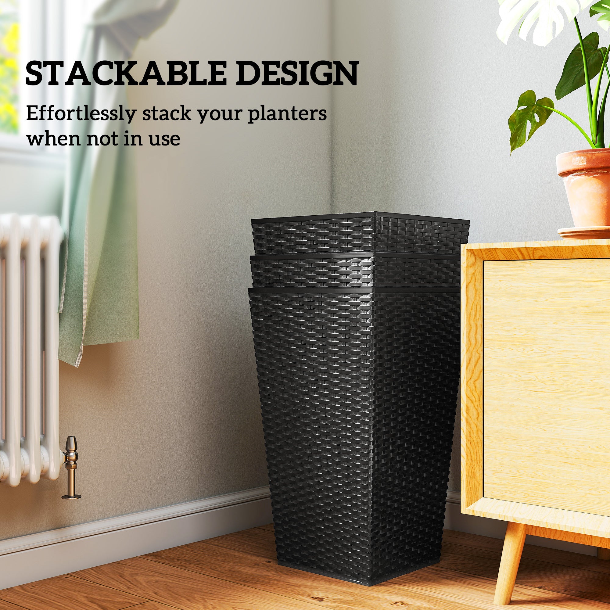 Set of 3 Tall Outdoor Planters | 24" Rattan-Style Tapered Plant Pots with Drainage – Black