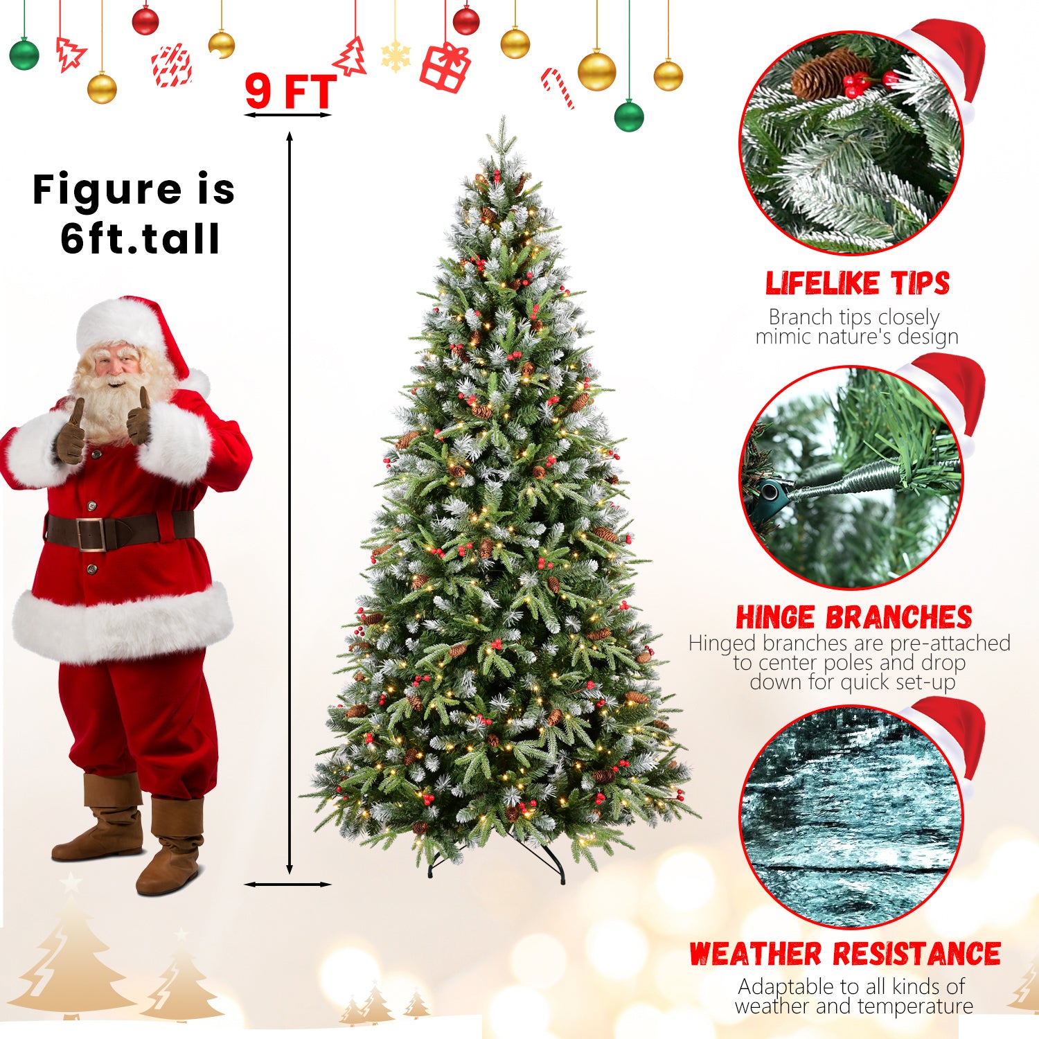 Christmas tree with Santa Claus figure and product features on a white background
