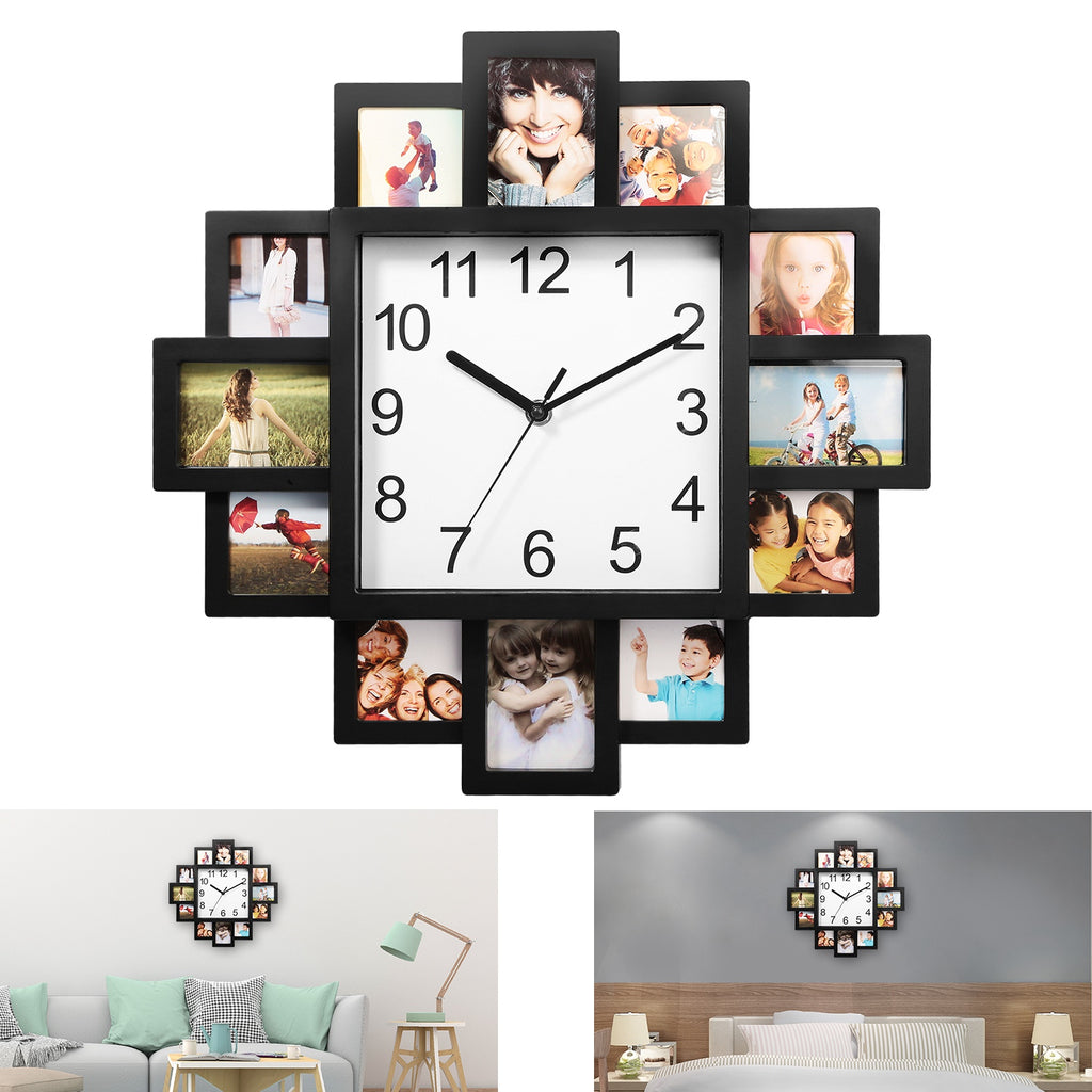 Wall clock with multiple photo frames displaying family photos in a living room setting.