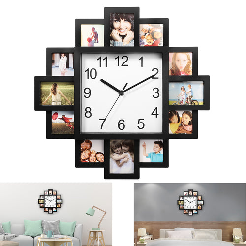 Wall clock with multiple photo frames displaying family photos in a living room setting.