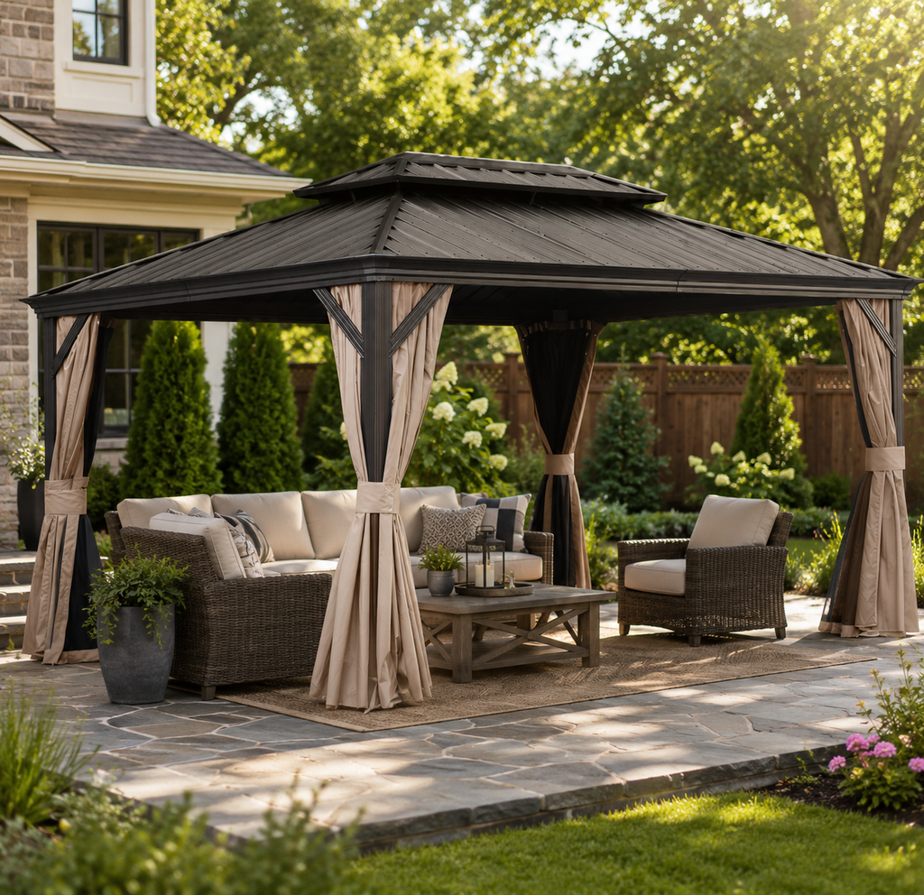 12’ x 16’ Hardtop Gazebo – Dual-Layer Galvanized Steel Roof, Drainage System, Curtains & Netting, Brown