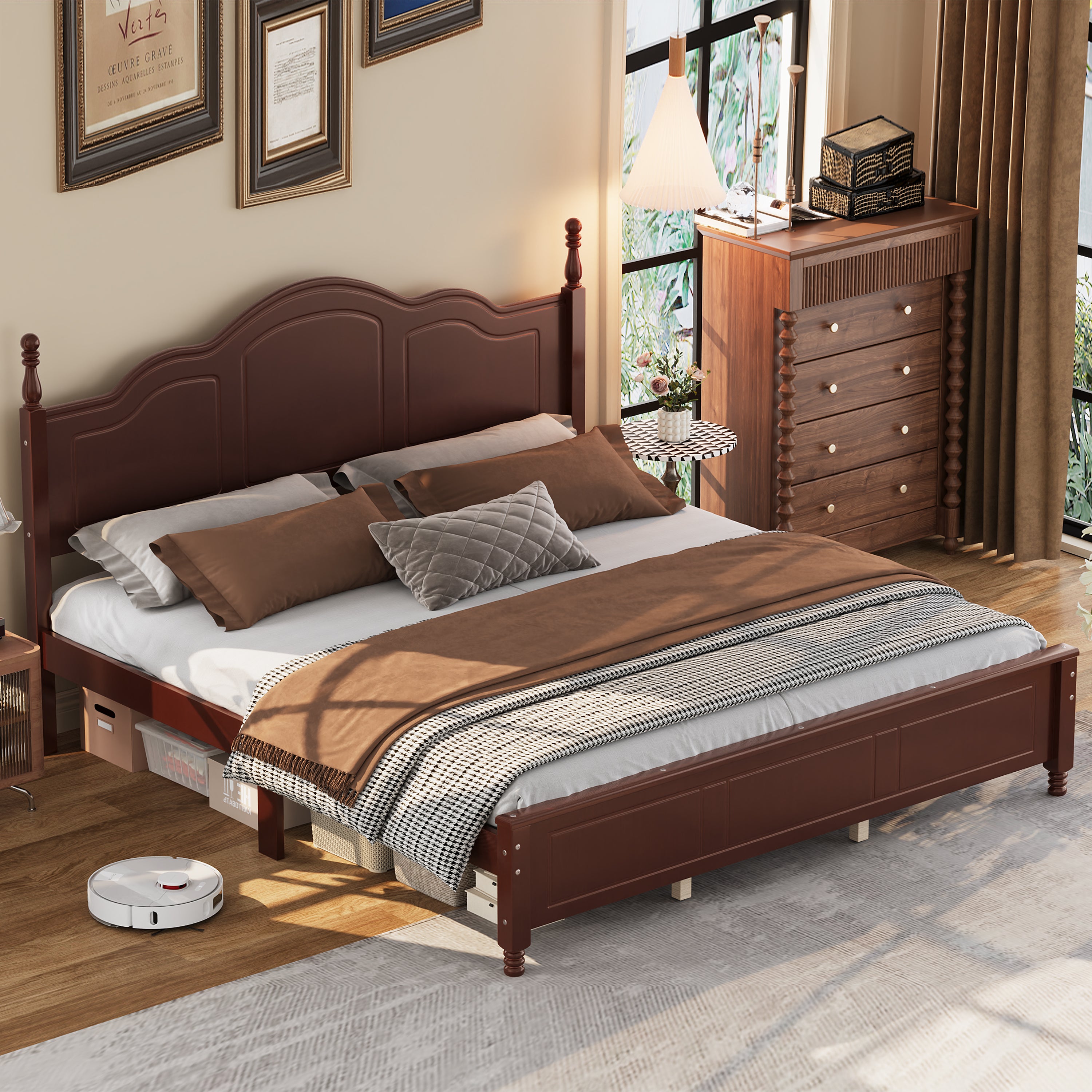 King Platform Bed Frame | Retro Wave Headboard, Wood Slats, 700 lb Capacity — Dark Walnut