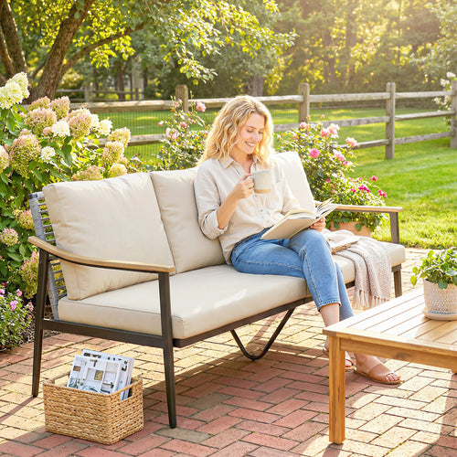 3-Seat Outdoor Wicker Sofa – Wood-Effect Armrests, Cut-Out Backrest & Cushions, Khaki