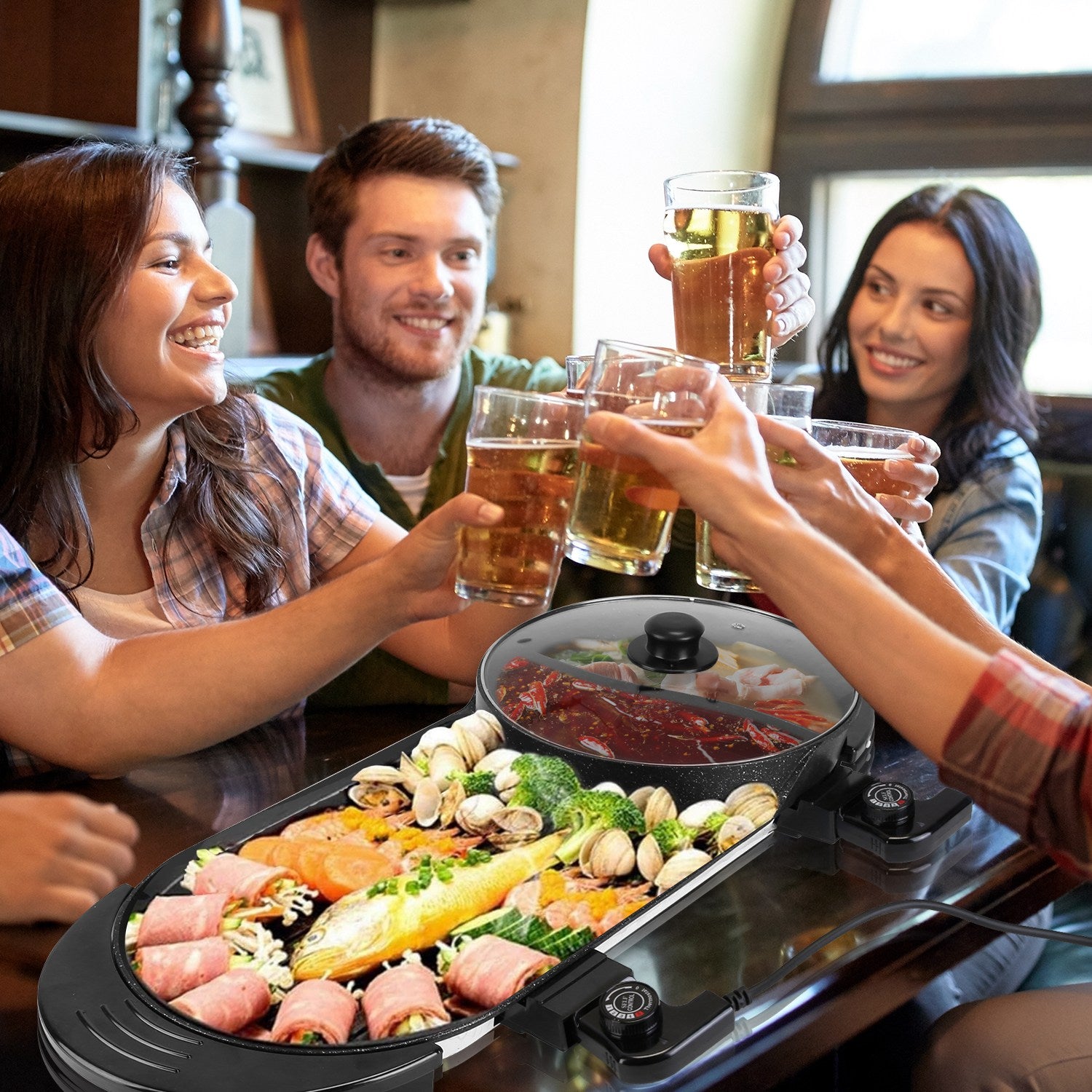 People enjoying a meal with grilled food and drinks in a casual setting