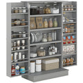 Gray pantry cabinet with shelves stocked with food items and supplies