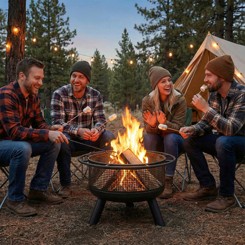 24" Wood Burning Fire Pit – 2-in-1 Grill, Spark Screen, Log Grate & Poker, Black