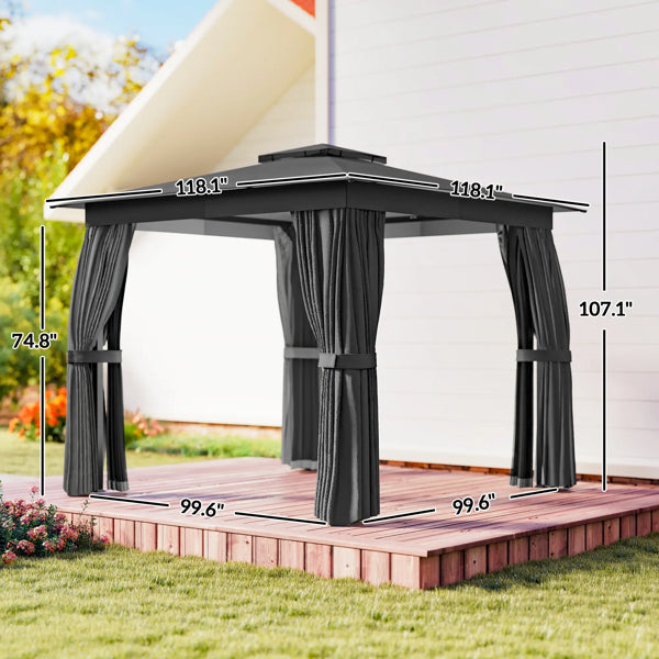 Gazebo with curtains and measurements displayed outdoors