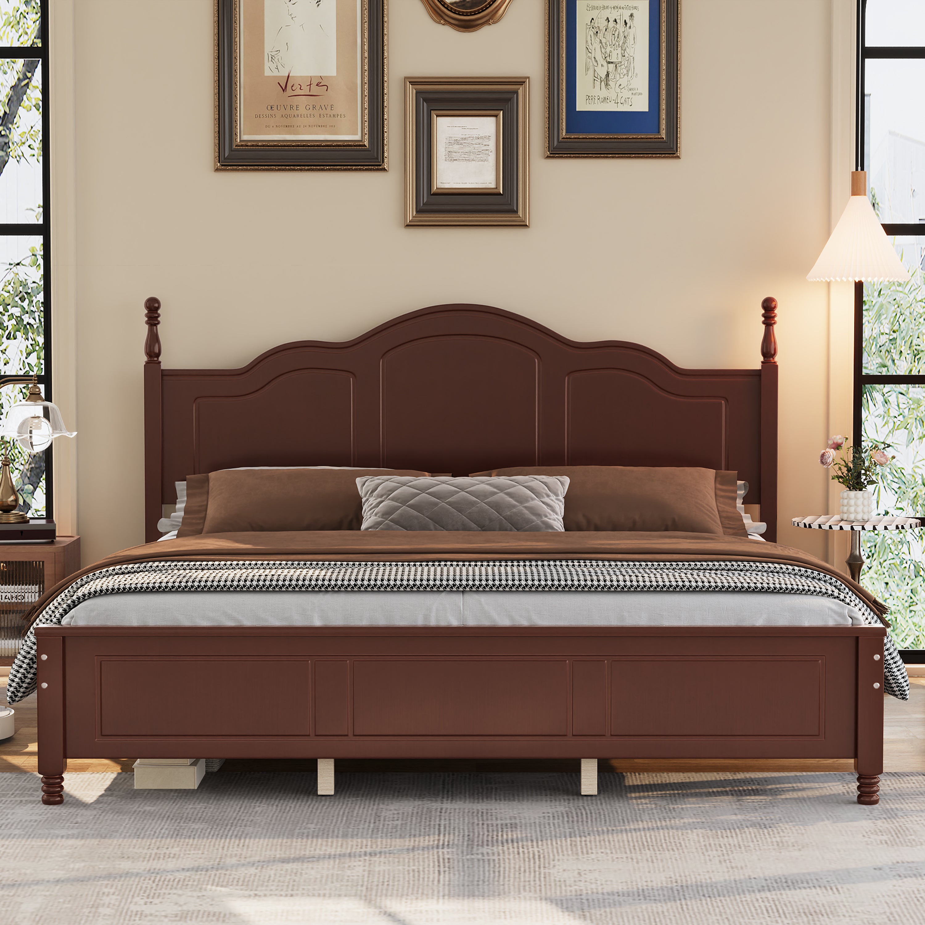 King Platform Bed Frame | Retro Wave Headboard, Wood Slats, 700 lb Capacity — Dark Walnut