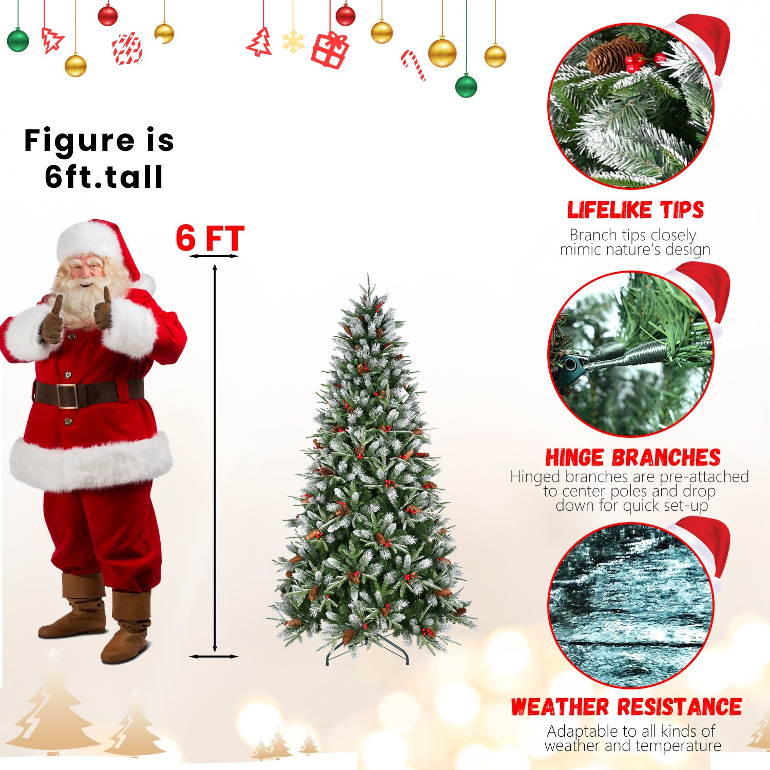 PE/PVC Christmas Tree with Red Berries & Pine Cones – 4ft to 9ft | Realistic Holiday Tree