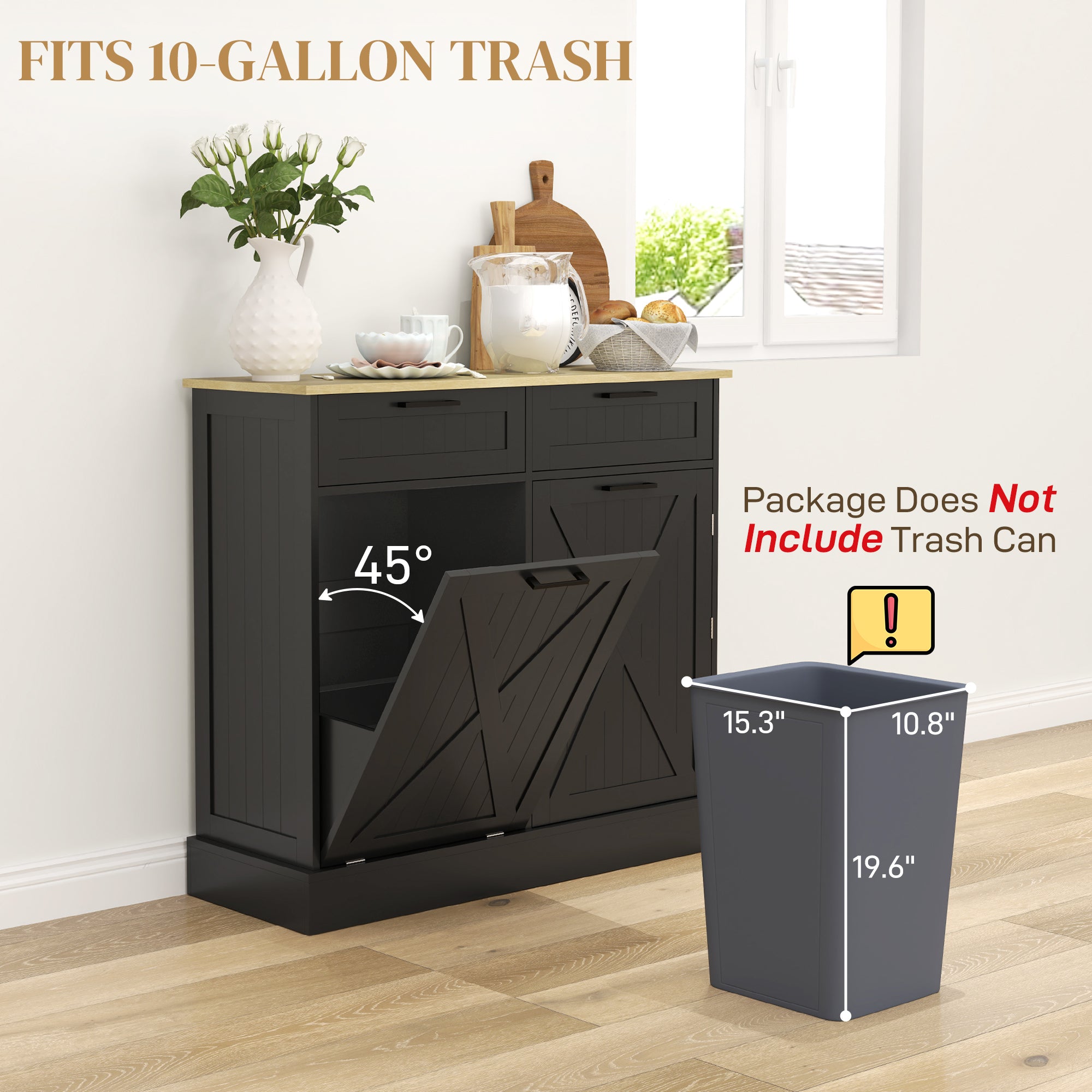 Black trash bin with cabinet in a room setting, showing dimensions and product details.