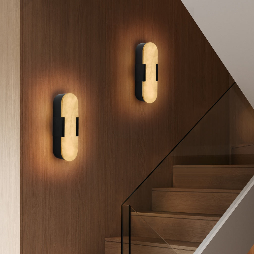 Modern wall lights on a wooden wall with steps in the background