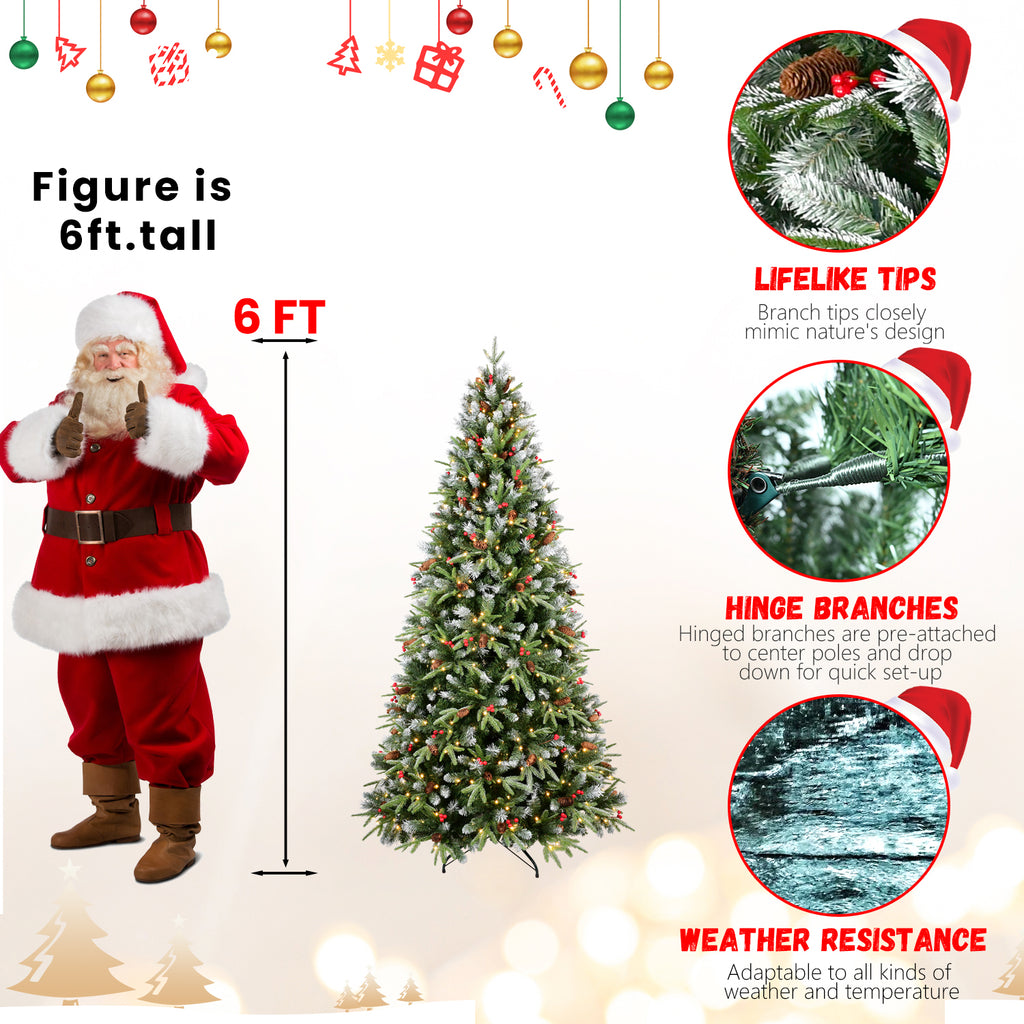 Christmas tree with Santa Claus figure and product features on a white background