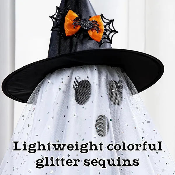Black witch hat with orange bow and spider design on a white background