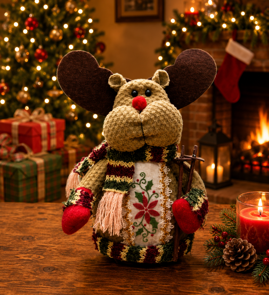 Decorative mouse figurine with a scarf in a festive setting with Christmas trees and candles.