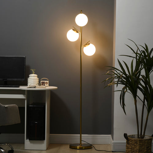 3-Light Tree Floor Lamp — Gold Tone with Globe Shades | 66.5” Standing Lamp