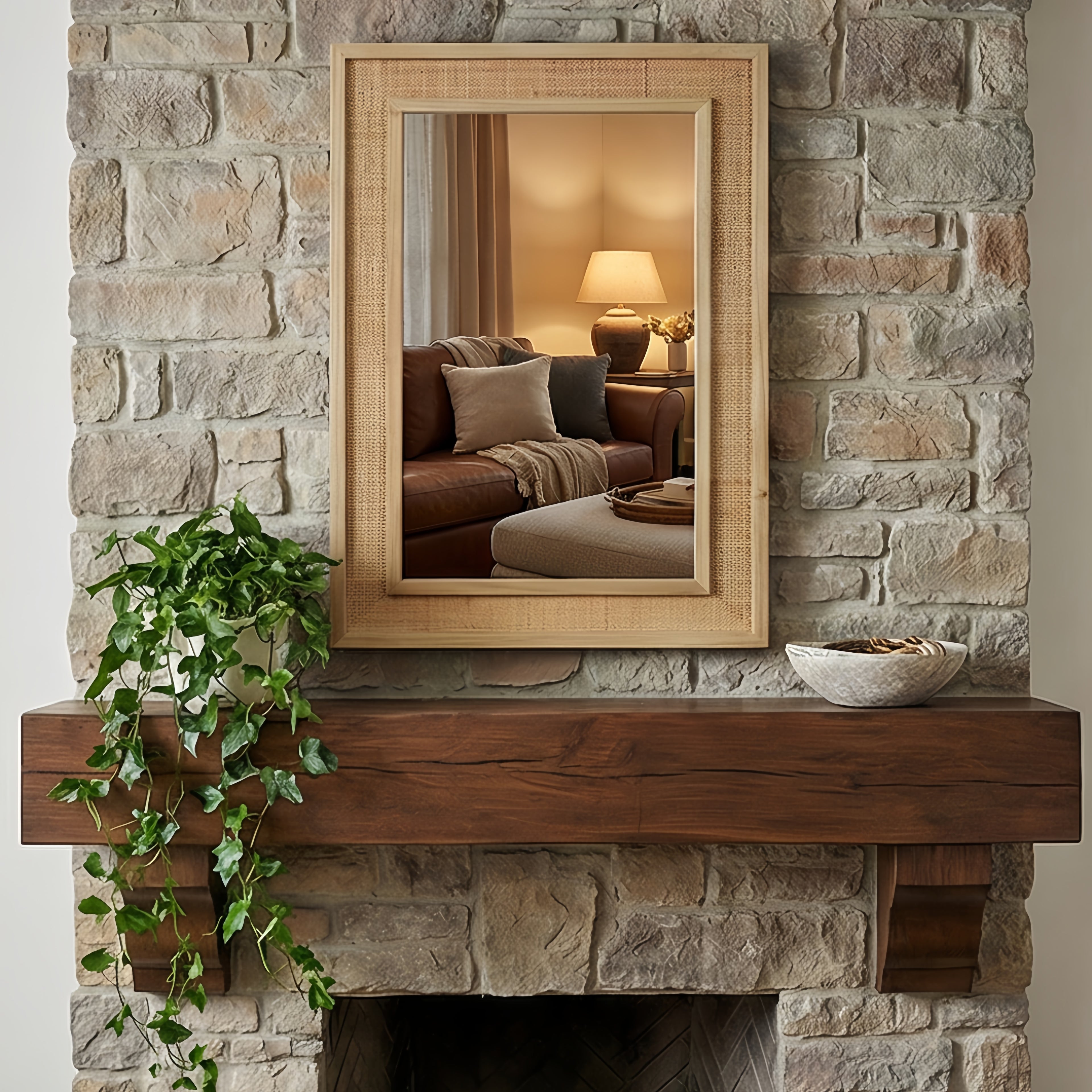 Wooden mantel with mirror on stone wall, plant, and decorative items.