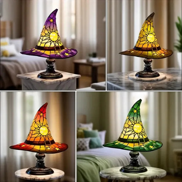 Collage of four stained glass witch hat lamps in different colors on marble bases.