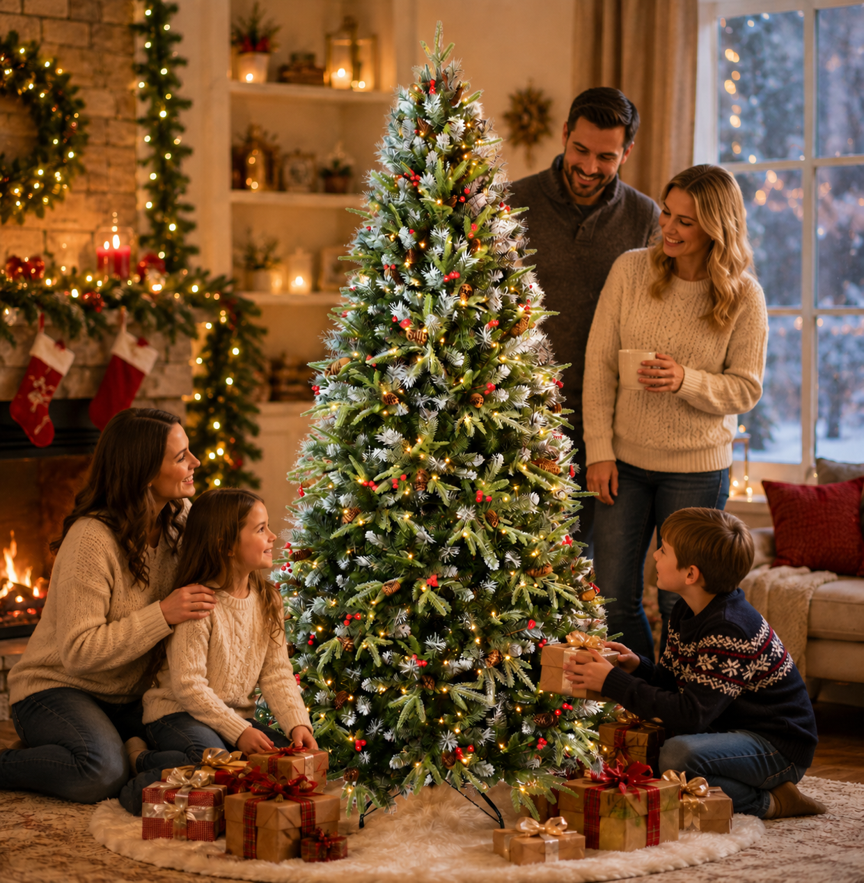 Family decorating a Christmas tree in a cozy living room.