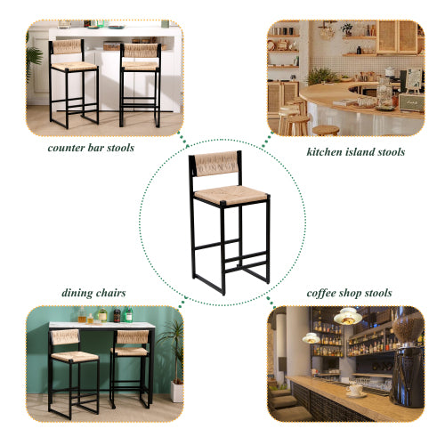 Honey Bar Stools — Set of 2 | Hand-Woven Paper Rope & Metal Frame