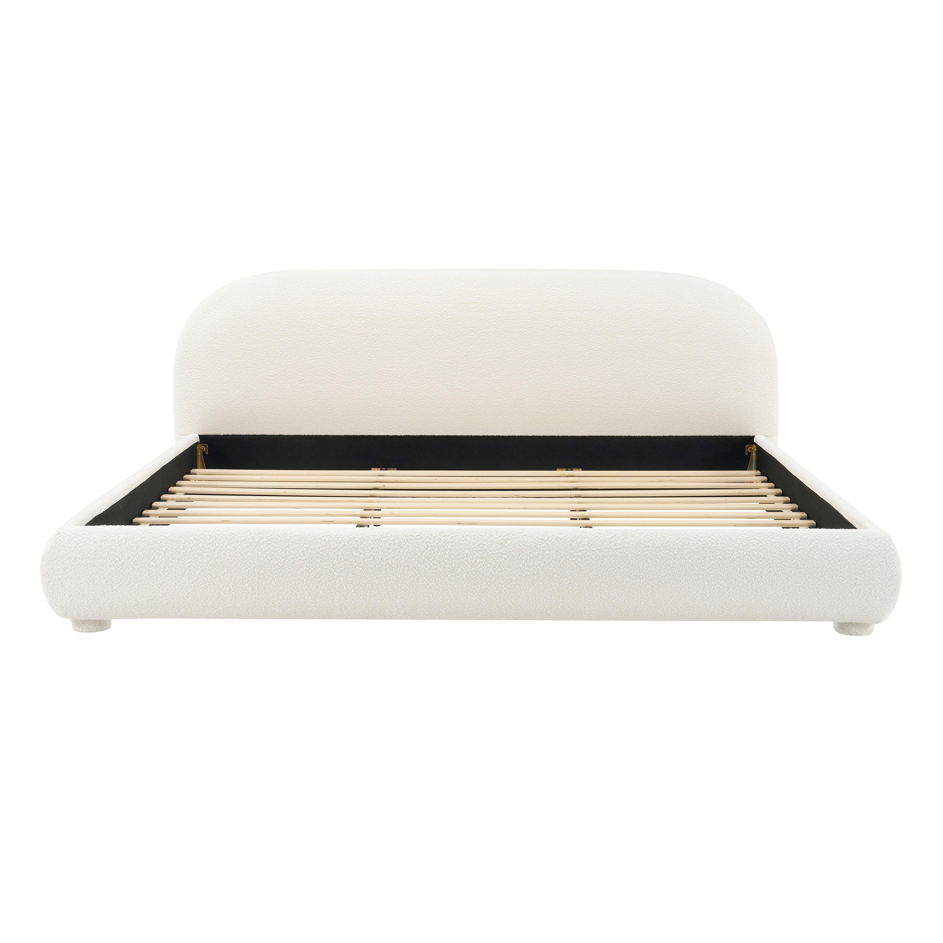White upholstered bed with gold frame on a white background