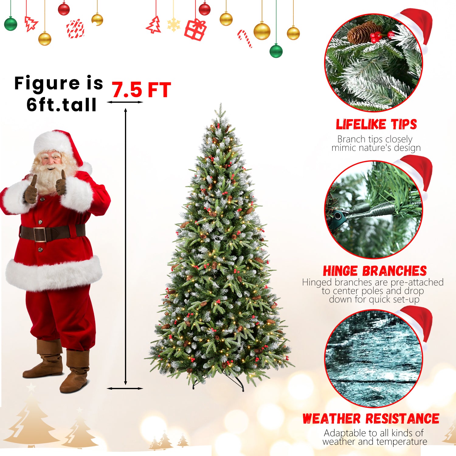 Christmas tree with Santa Claus figure and product features on a white background