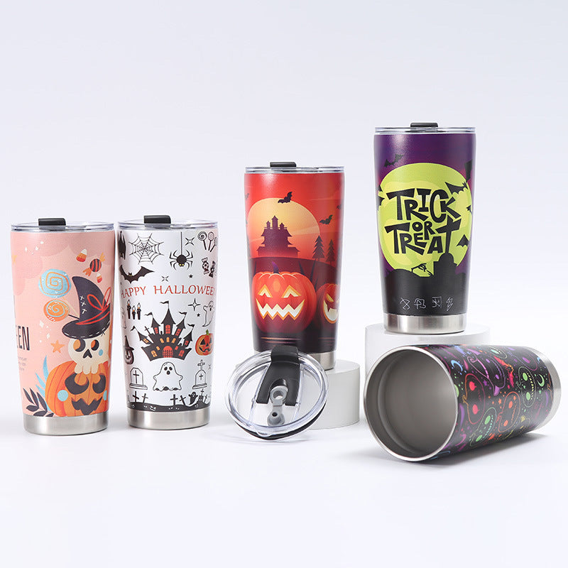 Set of Halloween-themed tumblers on a white background
