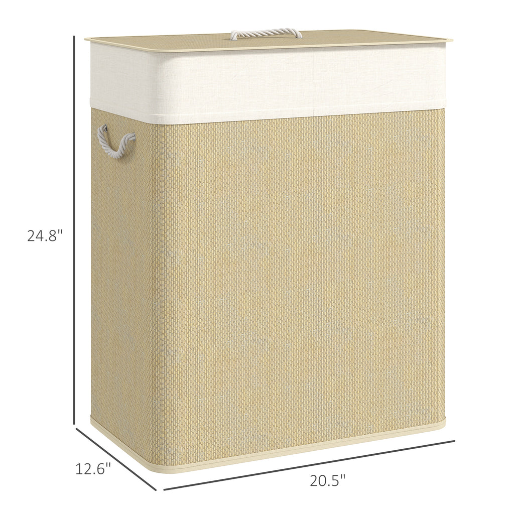 Beige laundry basket with white lid and dimensions displayed