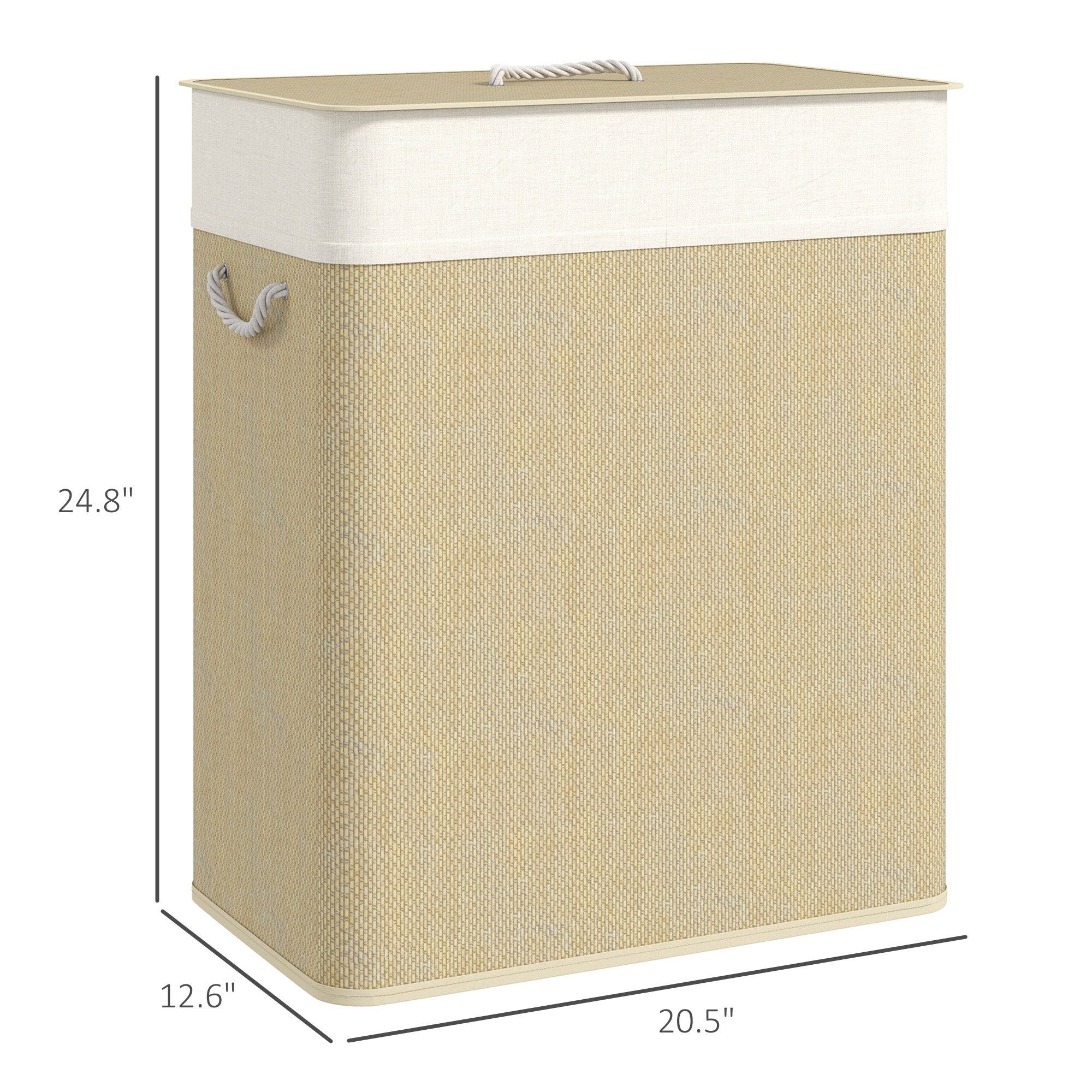 Beige laundry basket with white lid and dimensions displayed
