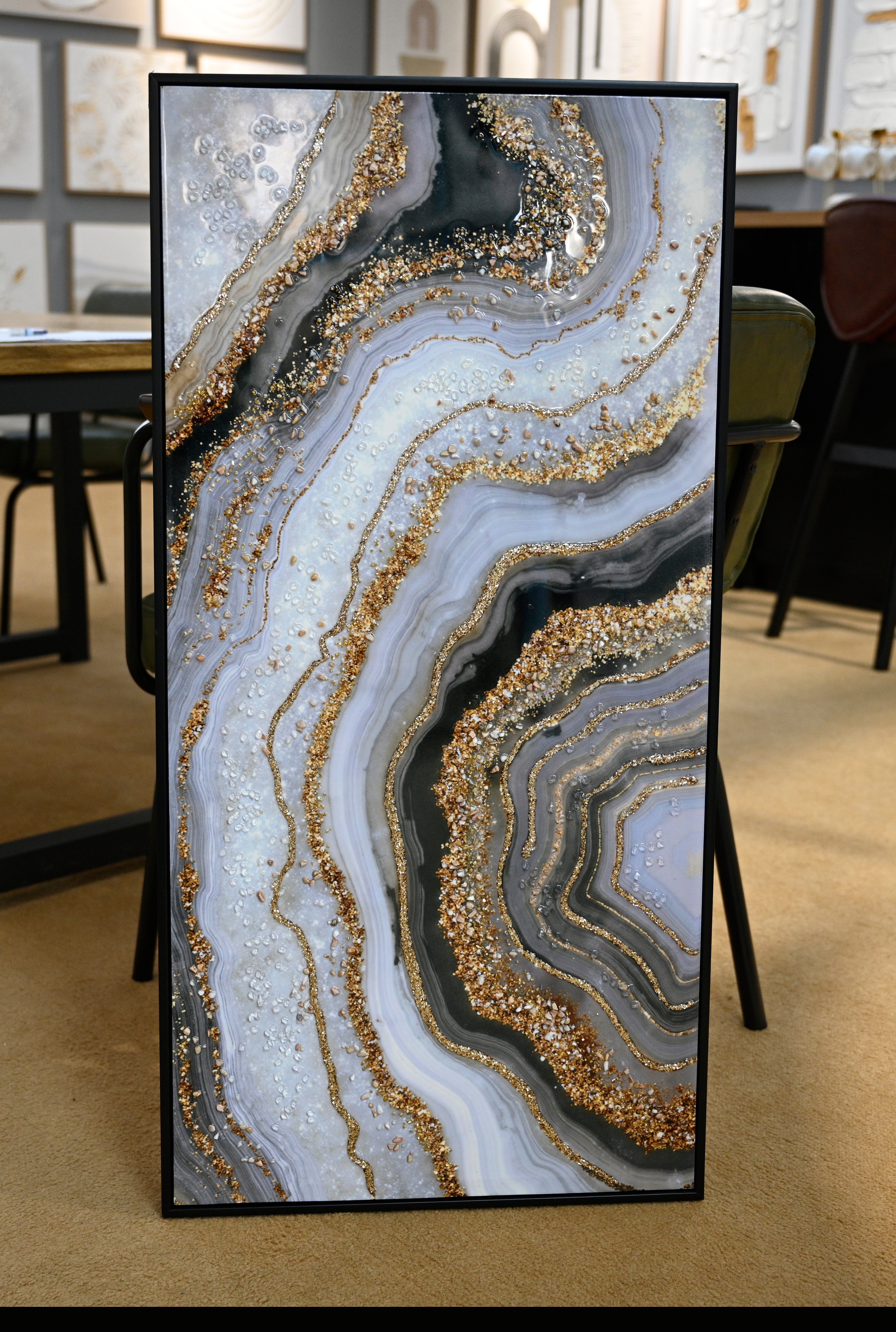 Black & Gold Abstract Wall Art — Hand-Painted Canvas with Marble Texture | 20”×40”