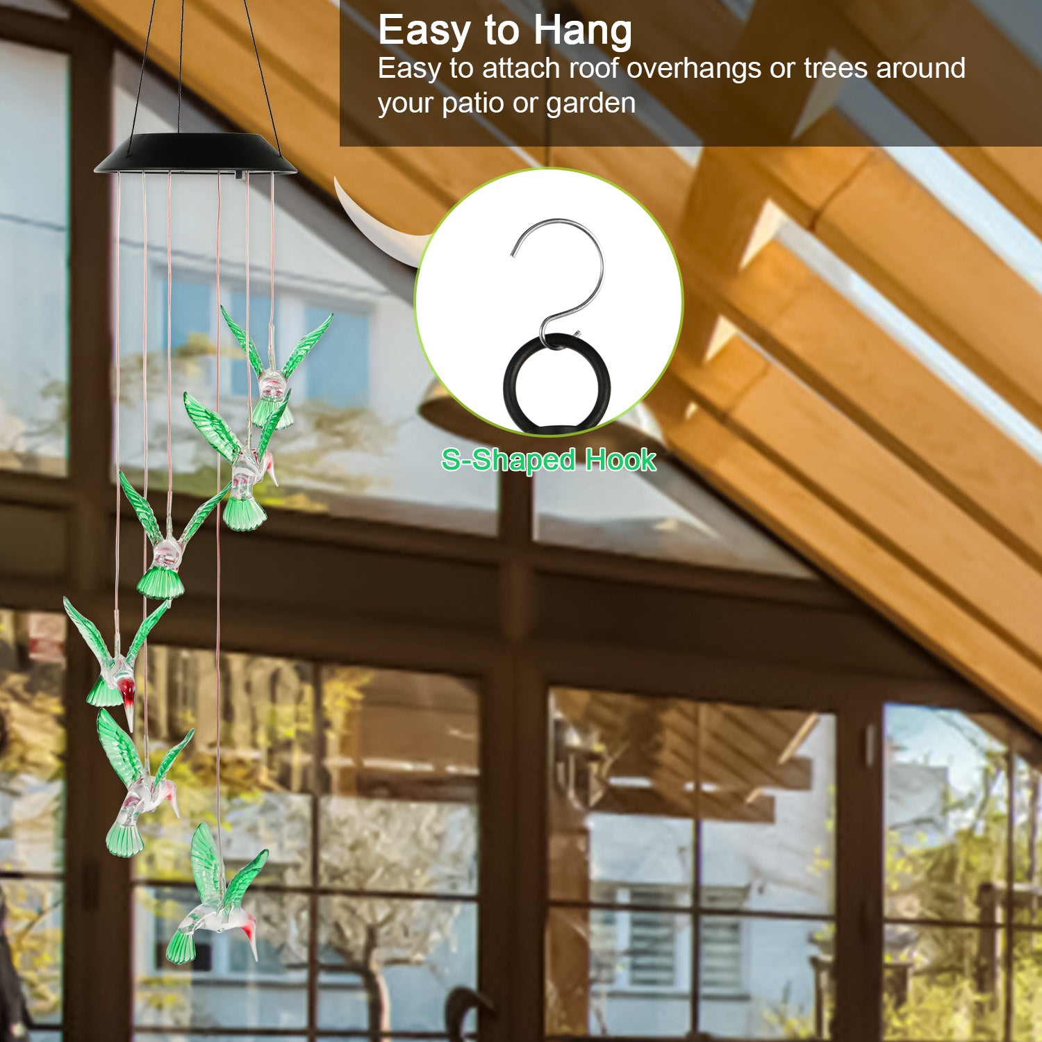 Solar Hummingbird Wind Chime Light | Color-Changing LED, Auto On/Off, IP65 Waterproof – Garden Decor