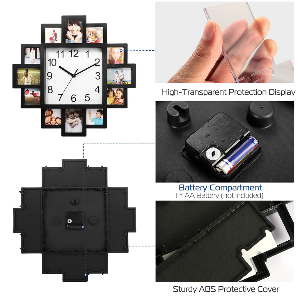 Collage of a wall clock with photo frames, battery compartment, and protective cover on a white background.
