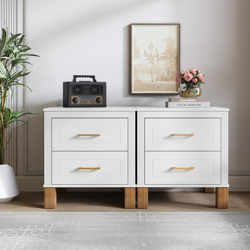 2-Drawer Mid-Century Nightstand with Fluted Design & Solid Wood Legs – White