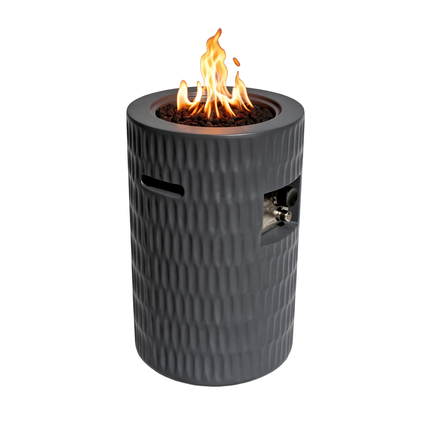 Gray textured outdoor fire pit with flames on a white background